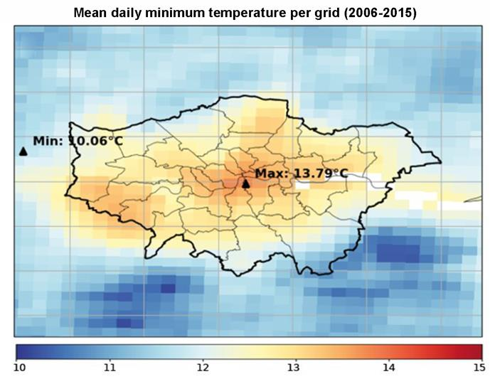 Mean daily minimum temperature (T2m) per grid cell across Greater London from 2006 to 2015.