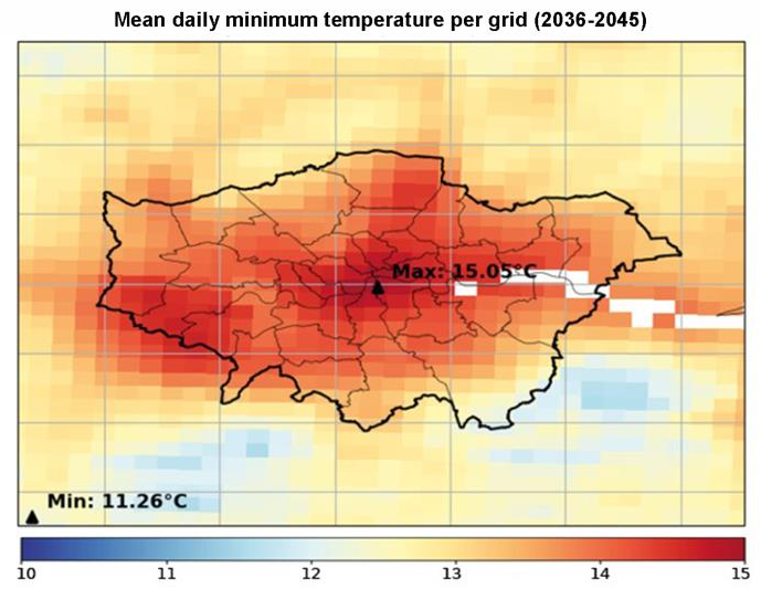 Projected mean daily minimum temperature (T2m) per grid cell across Greater London from 2036 to 2045.